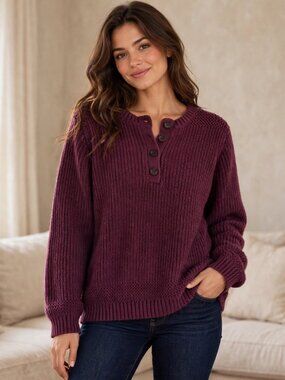 Natural Reflections Cotton Henley Sweater L Plum Ribbed Knit Button Cozy